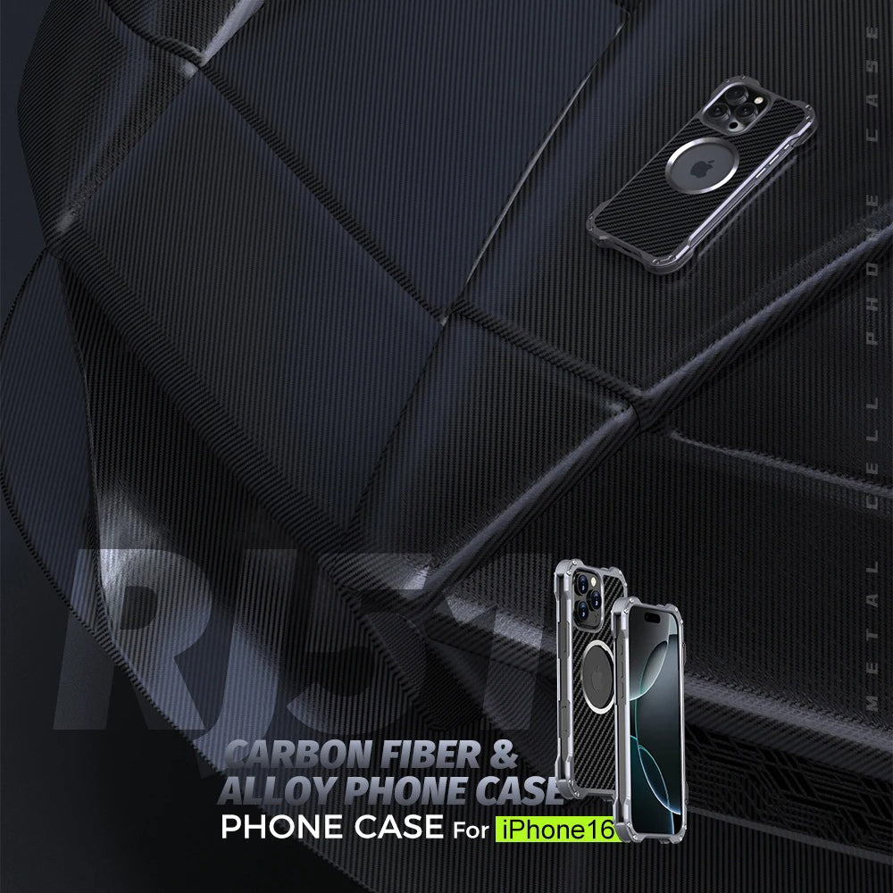 Rugged iPhone Case — Heavy-Duty Aluminum + Carbon Fiber Bumper Cover with Shockproof Design, Magnetic Heat-Dissipation Build and Lens Protector