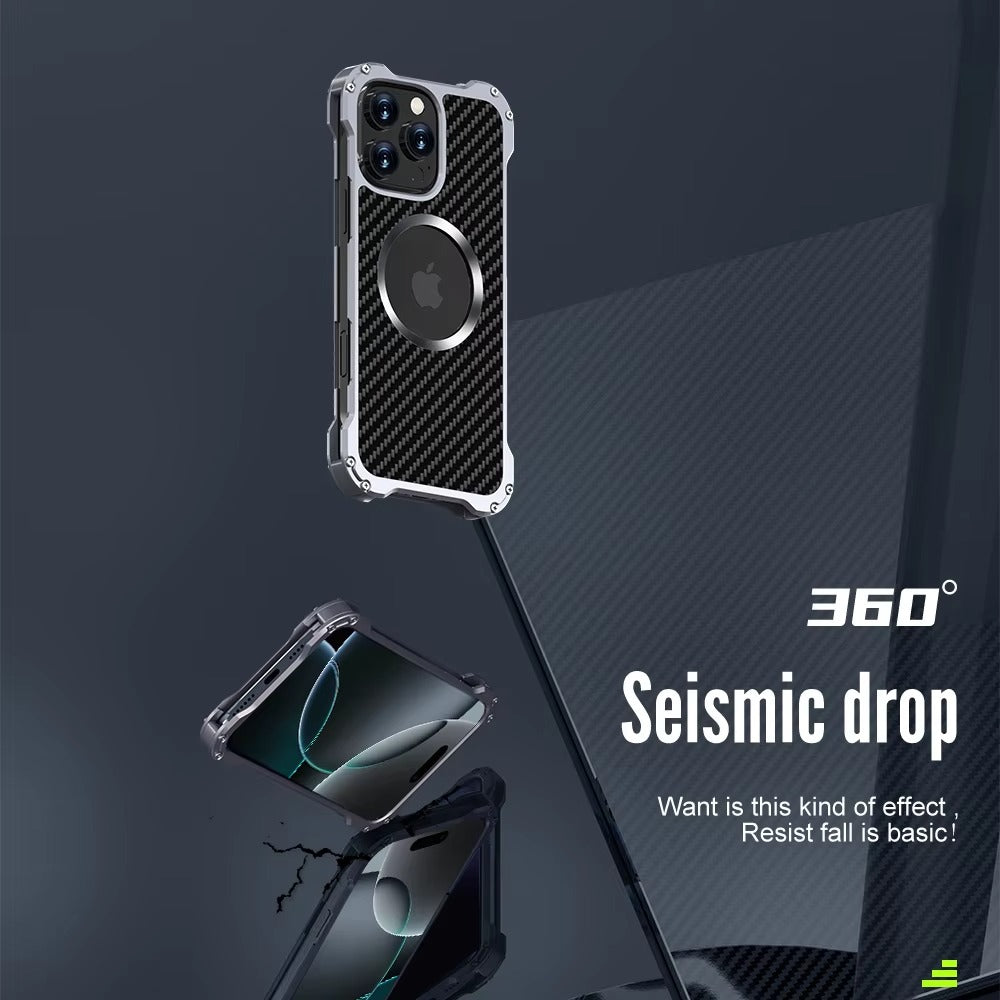 Rugged iPhone Case — Heavy-Duty Aluminum + Carbon Fiber Bumper Cover with Shockproof Design, Magnetic Heat-Dissipation Build and Lens Protector