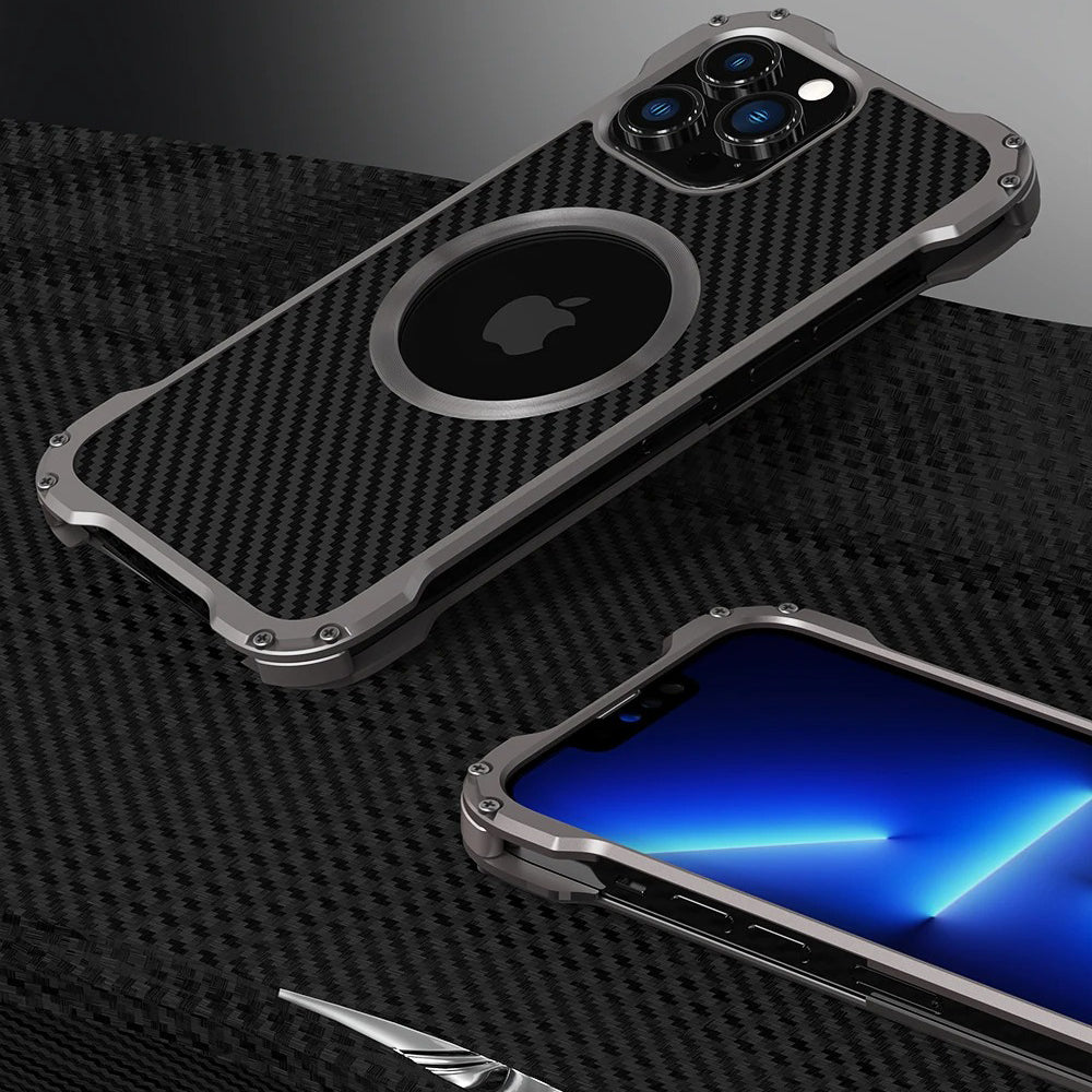 Rugged iPhone Case — Heavy-Duty Aluminum + Carbon Fiber Bumper Cover with Shockproof Design, Magnetic Heat-Dissipation Build and Lens Protector