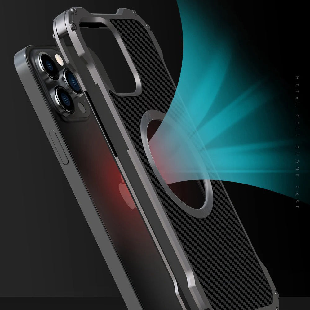Rugged iPhone Case — Heavy-Duty Aluminum + Carbon Fiber Bumper Cover with Shockproof Design, Magnetic Heat-Dissipation Build and Lens Protector