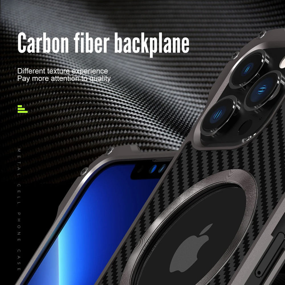 Rugged iPhone Case — Heavy-Duty Aluminum + Carbon Fiber Bumper Cover with Shockproof Design, Magnetic Heat-Dissipation Build and Lens Protector