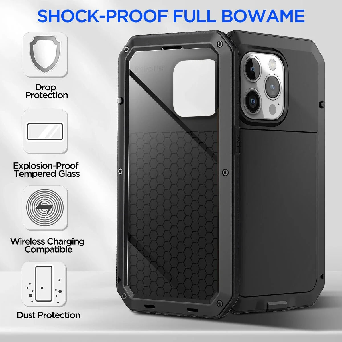 Rugged iPhone Case — Heavy-Duty Metal Aluminum Armor Cover with Tempered Glass, Shockproof Dual-Layer Protection, Non-Slip Outdoor Military Design