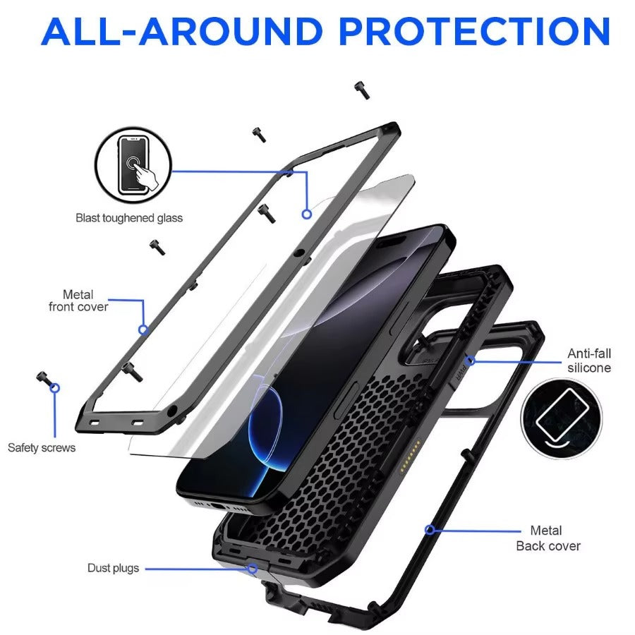 Rugged iPhone Case — Heavy-Duty Metal Aluminum Armor Cover with Tempered Glass, Shockproof Dual-Layer Protection, Non-Slip Outdoor Military Design