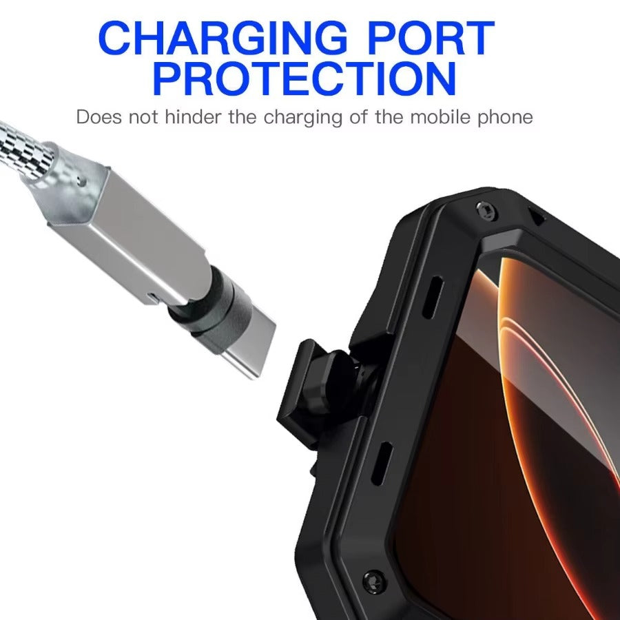 Rugged iPhone Case — Heavy-Duty Metal Aluminum Armor Cover with Tempered Glass, Shockproof Dual-Layer Protection, Non-Slip Outdoor Military Design