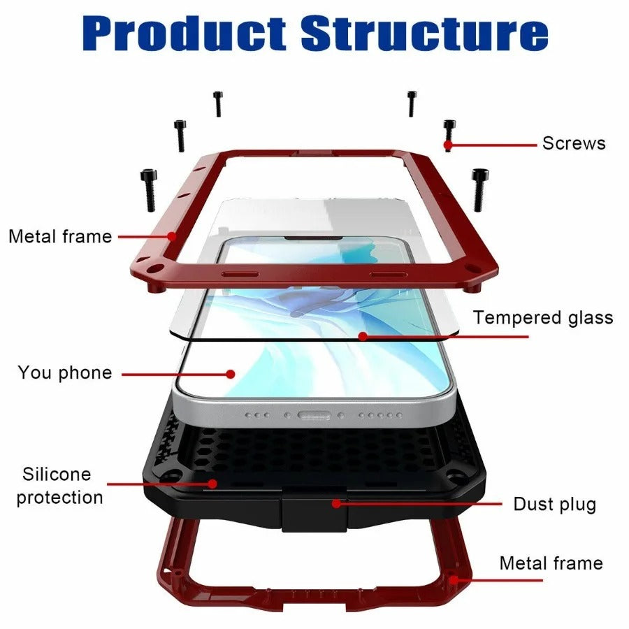 Rugged iPhone Case — Heavy-Duty Metal Aluminum Armor Cover with Tempered Glass, Shockproof Dual-Layer Protection, Non-Slip Outdoor Military Design