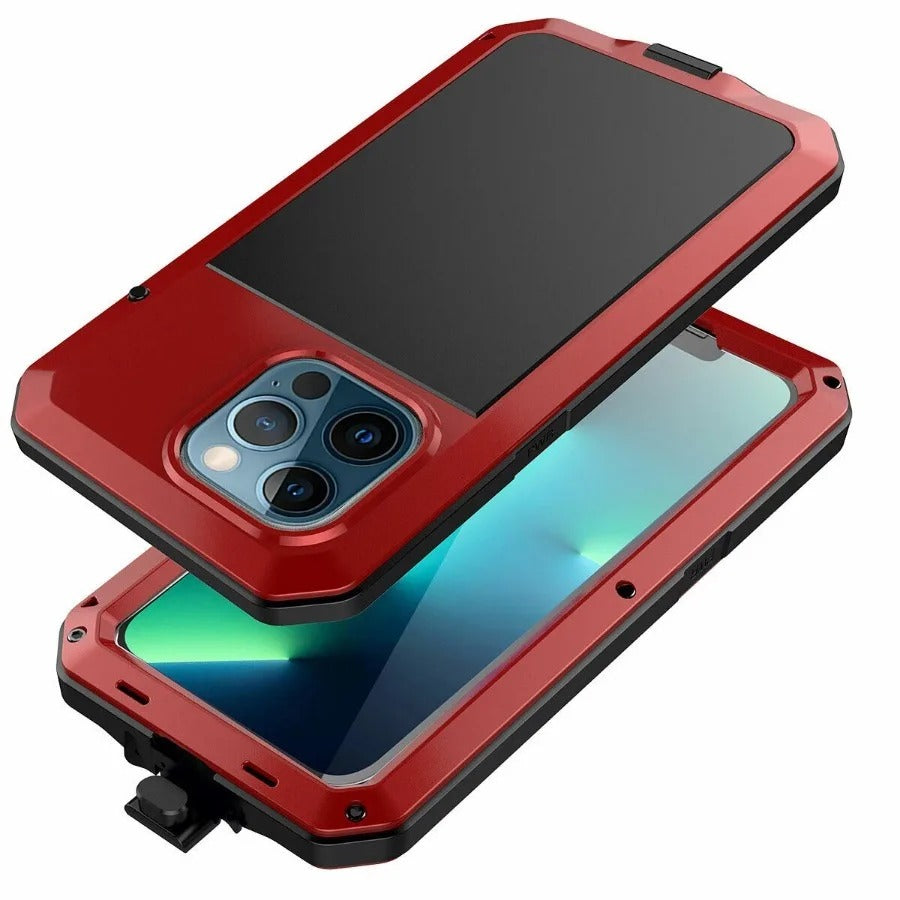 Rugged iPhone Case — Heavy-Duty Metal Aluminum Armor Cover with Tempered Glass, Shockproof Dual-Layer Protection, Non-Slip Outdoor Military Design