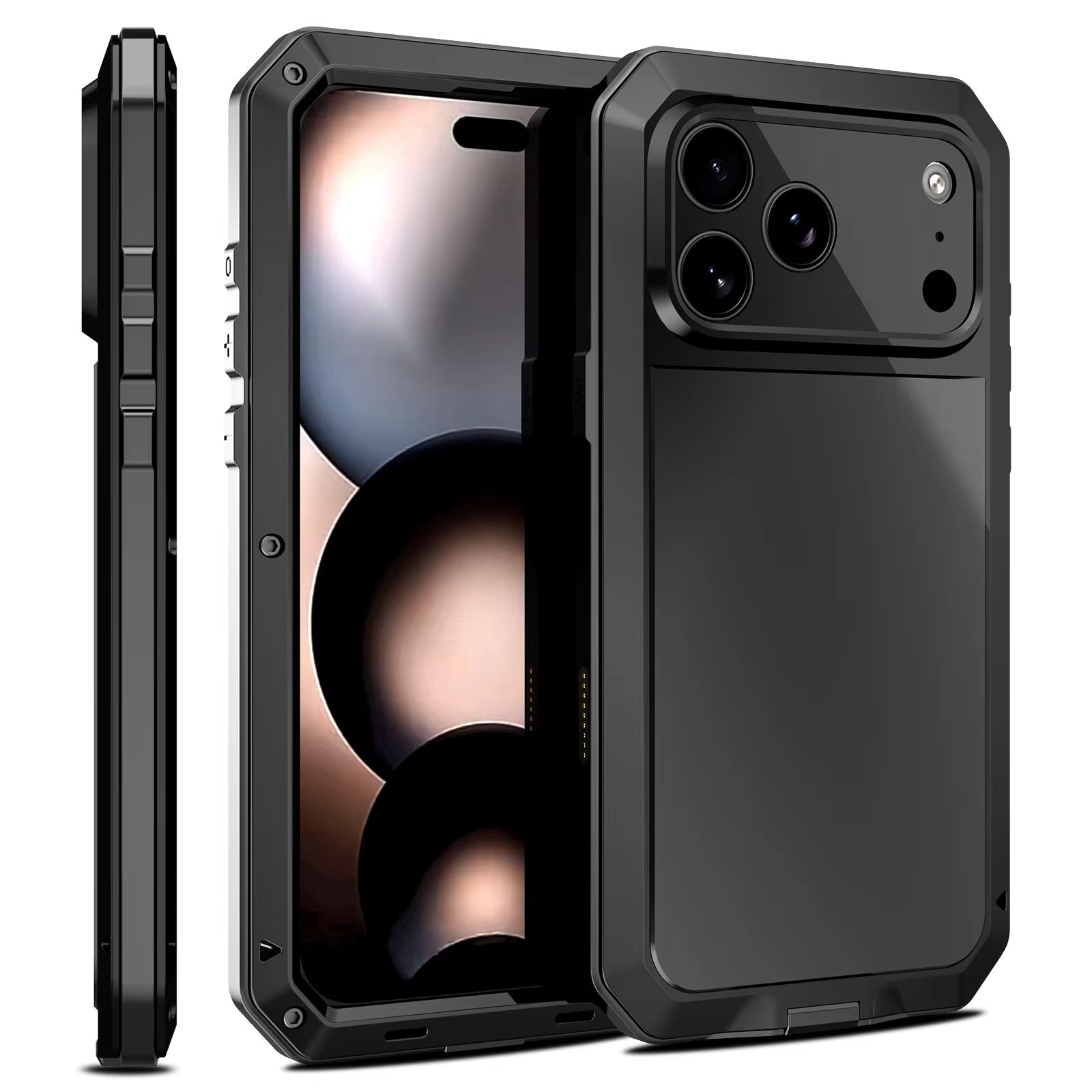 Rugged iPhone Case — Heavy-Duty Metal Protective Cover with Built-In Glass Screen Protector and Tough Shockproof TPU+PC Design
