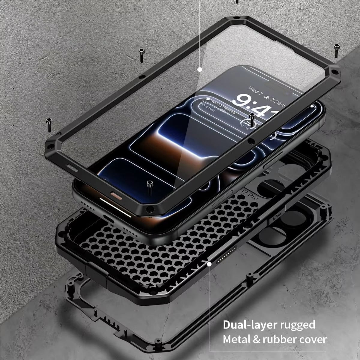 Rugged iPhone Case — Heavy-Duty Metal Protective Cover with Built-In Glass Screen Protector and Tough Shockproof TPU+PC Design