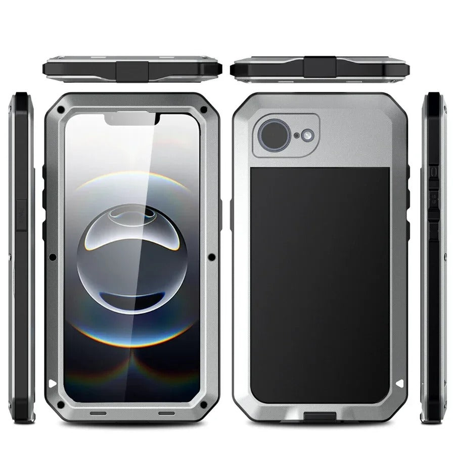 Rugged iPhone Case — Heavy-Duty Metal Protective Cover with Built-In Glass Screen Protector and Tough Shockproof TPU+PC Design