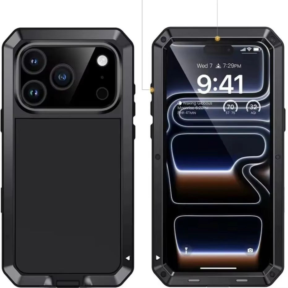 Rugged iPhone Case — Heavy-Duty Metal Protective Cover with Built-In Glass Screen Protector and Tough Shockproof TPU+PC Design