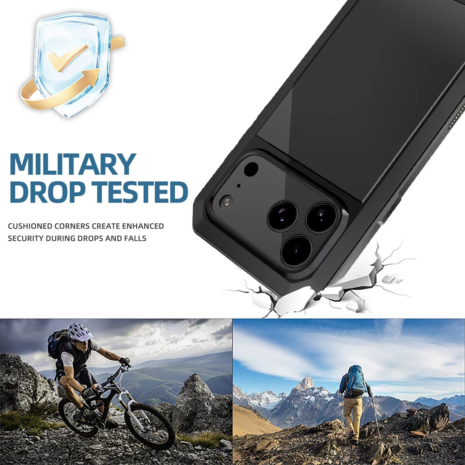 Rugged iPhone Case — Heavy-Duty Metal Protective Cover with Built-In Glass Screen Protector and Tough Shockproof TPU+PC Design