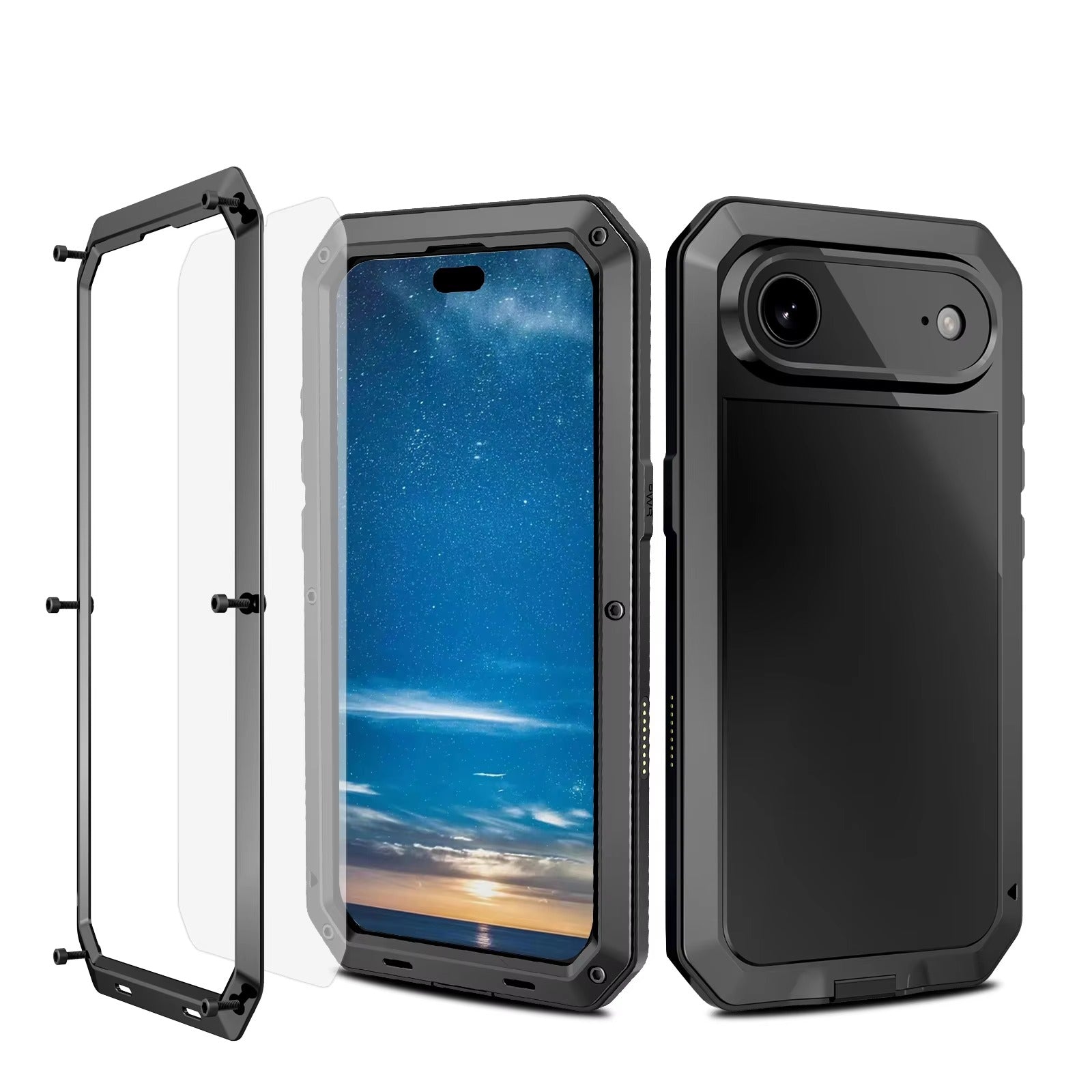 Rugged iPhone Case — Heavy-Duty Metal Protective Cover with Built-In Glass Screen Protector and Tough Shockproof TPU+PC Design