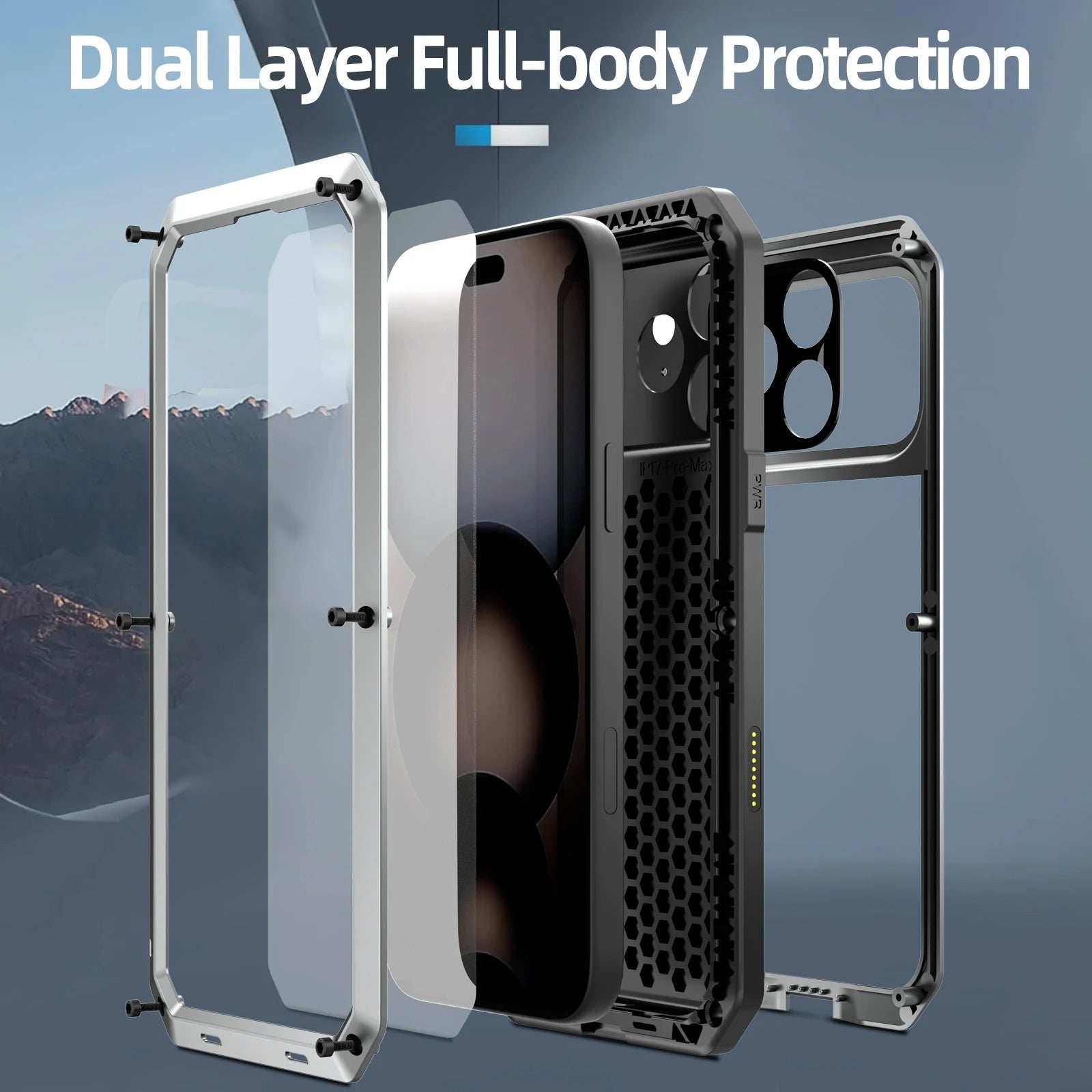 Rugged iPhone Case — Heavy-Duty Metal Protective Cover with Built-In Glass Screen Protector and Tough Shockproof TPU+PC Design