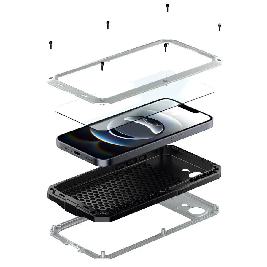 Rugged iPhone Case — Heavy-Duty Metal Protective Cover with Built-In Glass Screen Protector and Tough Shockproof TPU+PC Design
