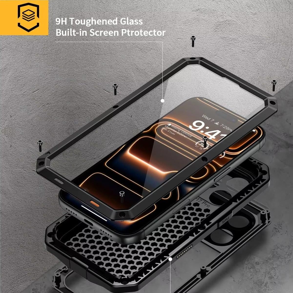 Rugged iPhone Case — Heavy-Duty Metal Protective Cover with Built-In Glass Screen Protector and Tough Shockproof TPU+PC Design