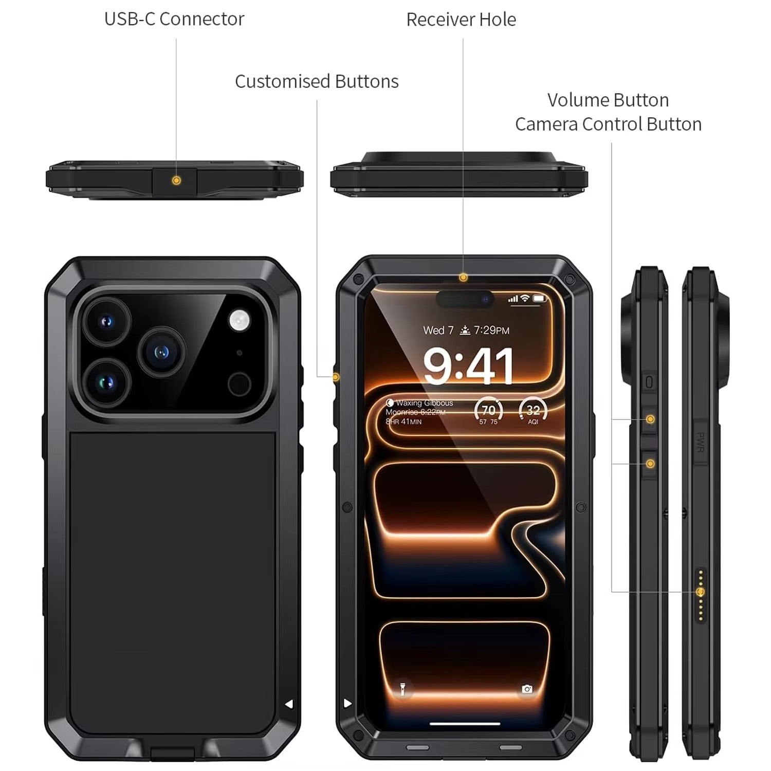Rugged iPhone Case — Heavy-Duty Metal Protective Cover with Built-In Glass Screen Protector and Tough Shockproof TPU+PC Design