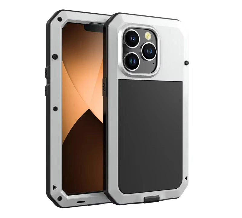 Rugged iPhone Case — Heavy-Duty Metal Tank Armor Cover with Shockproof Waterproof Design, Screen Film Protection and Anti-Fingerprint Non-Slip Finish