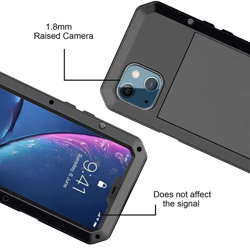 Rugged iPhone Case — Heavy-Duty Metal Tank Armor Cover with Shockproof Waterproof Design, Screen Film Protection and Anti-Fingerprint Non-Slip Finish