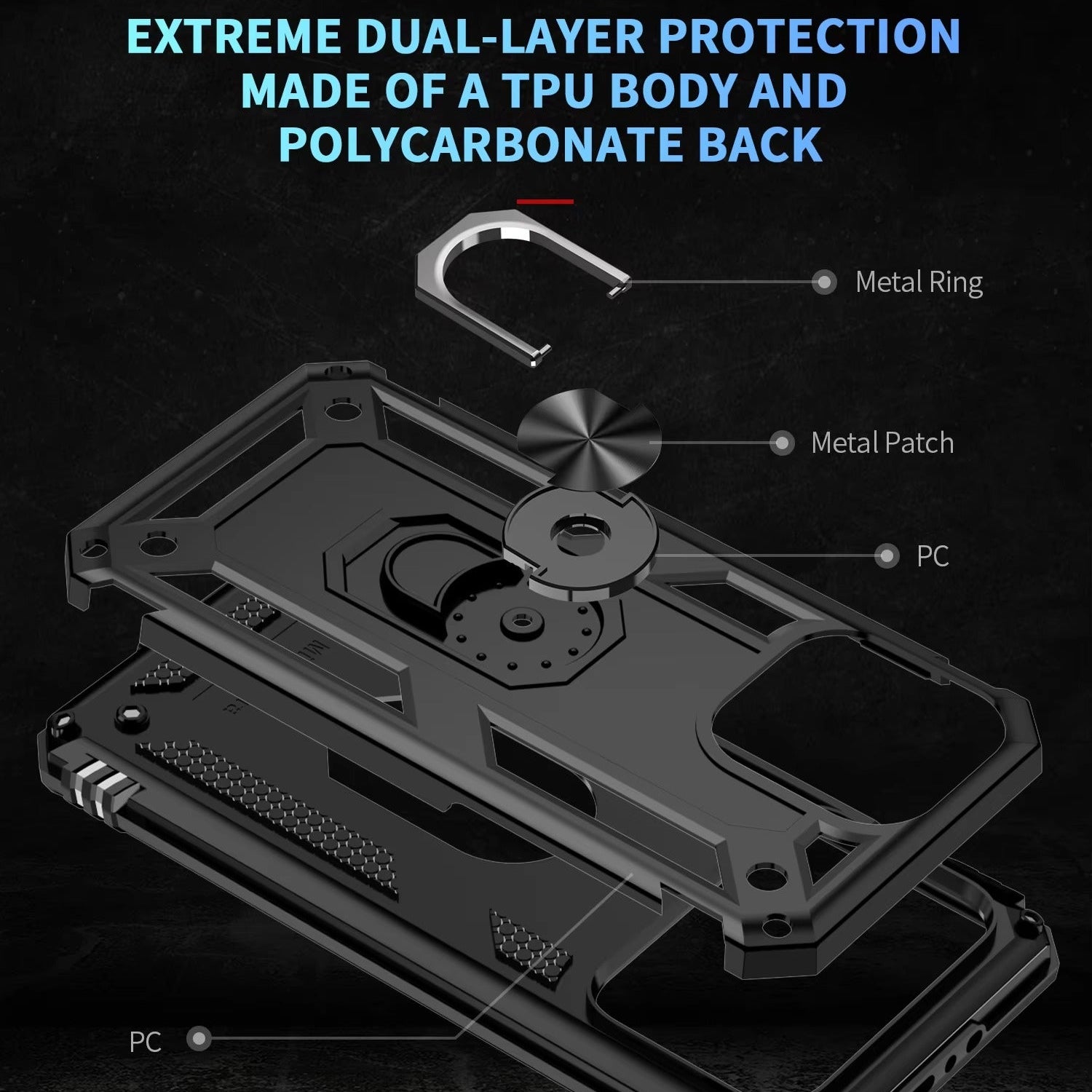 Rugged iPhone Case — Heavy-Duty PC+TPU Protective Cover with Metal Bracket Holder and Shockproof Anti-Fall Design