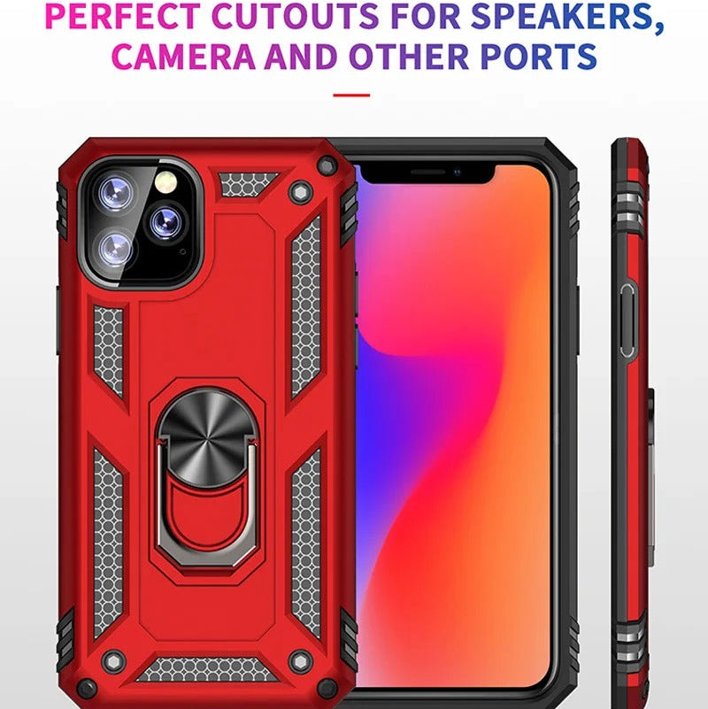 Rugged iPhone Case — Heavy-Duty PC+TPU Protective Cover with Metal Bracket Holder and Shockproof Anti-Fall Design