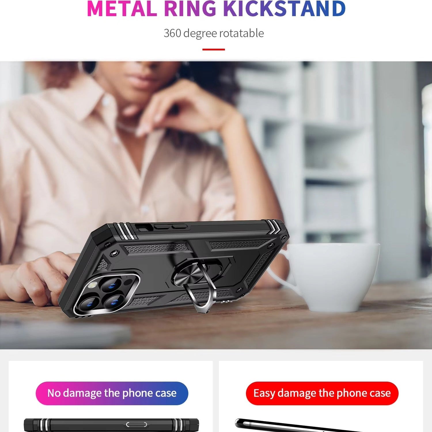 Rugged iPhone Case — Heavy-Duty PC+TPU Protective Cover with Metal Bracket Holder and Shockproof Anti-Fall Design