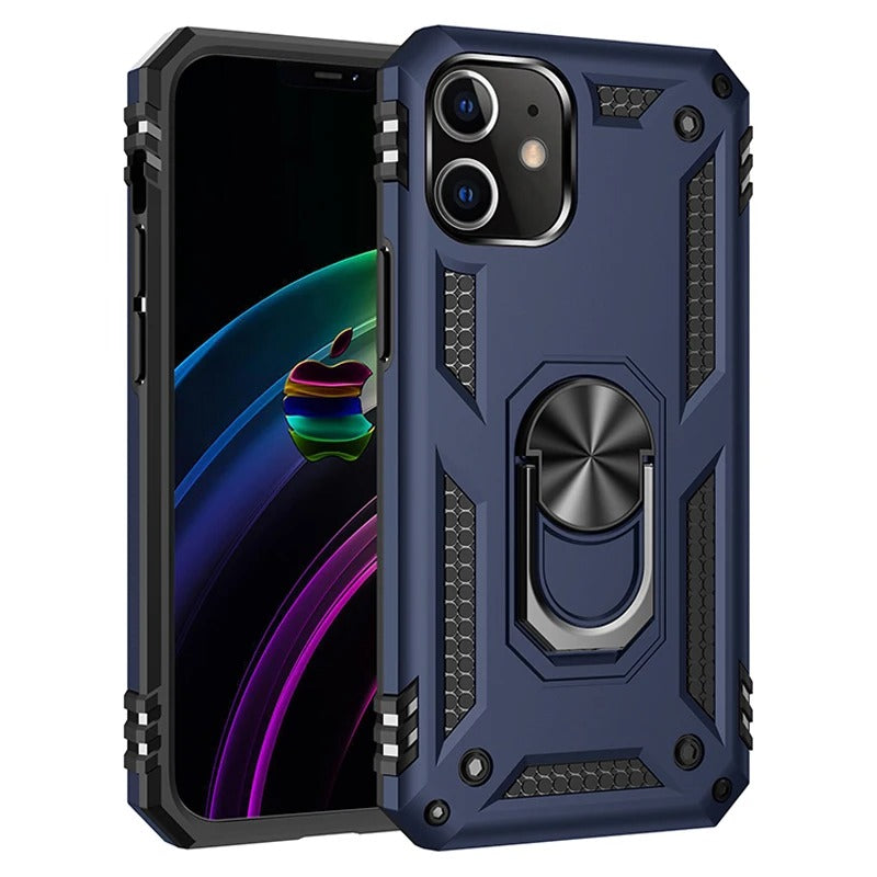 Rugged iPhone Case — Heavy-Duty PC+TPU Protective Cover with Metal Bracket Holder and Shockproof Anti-Fall Design