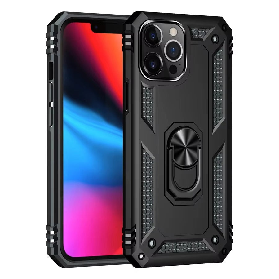 Rugged iPhone Case — Heavy-Duty PC+TPU Protective Cover with Metal Bracket Holder and Shockproof Anti-Fall Design