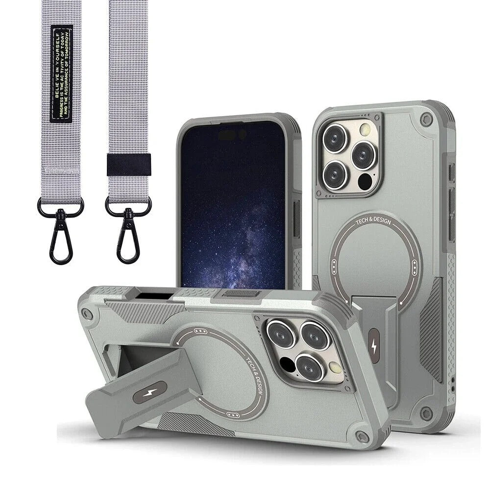 Rugged iPhone Case — Hybrid Shockproof Magnetic Cover with Kickstand, Adjustable Lanyard Strap and Dual-Layer Hard PC Protection