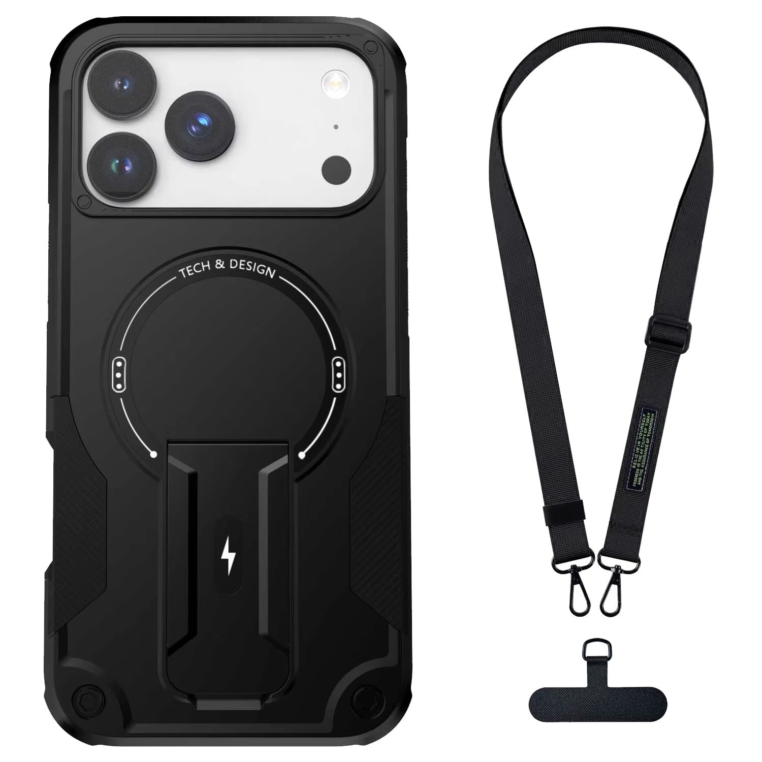 Rugged iPhone Case — Hybrid Shockproof Magnetic Cover with Kickstand, Adjustable Lanyard Strap and Dual-Layer Hard PC Protection