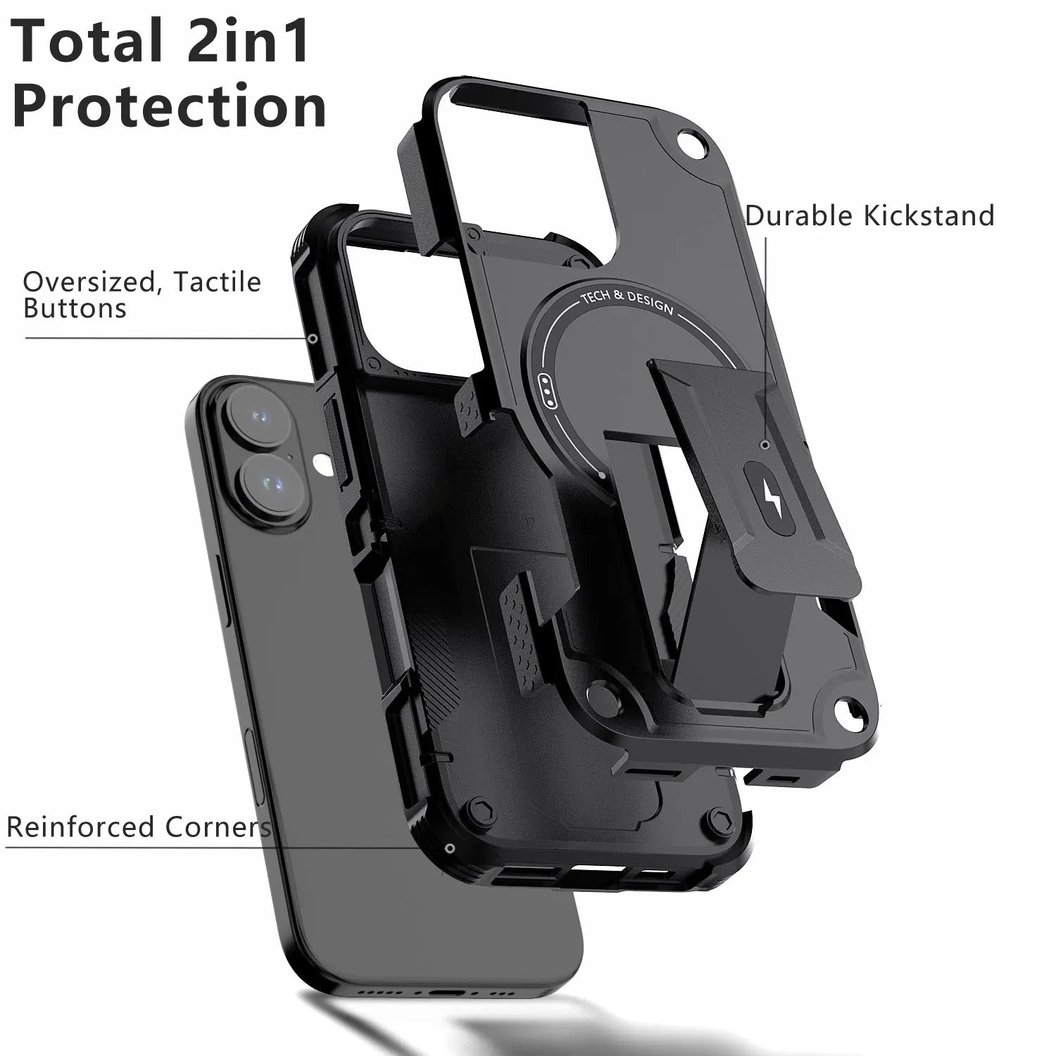 Rugged iPhone Case — Hybrid Shockproof Magnetic Cover with Kickstand, Adjustable Lanyard Strap and Dual-Layer Hard PC Protection