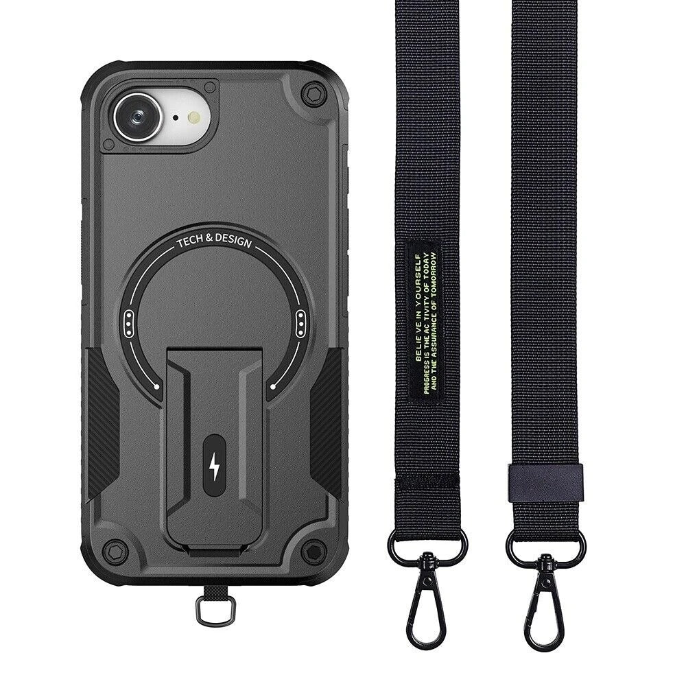Rugged iPhone Case — Hybrid Shockproof Magnetic Cover with Kickstand, Adjustable Lanyard Strap and Dual-Layer Hard PC Protection