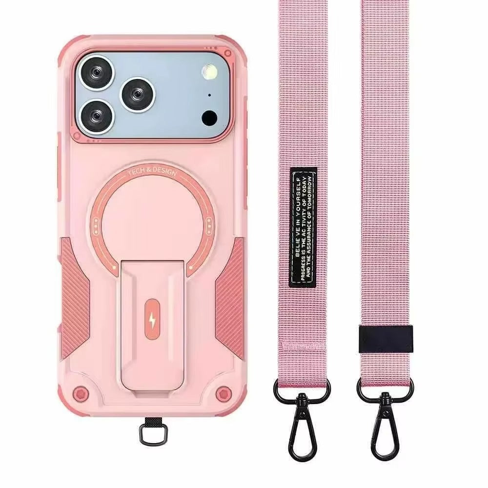 Rugged iPhone Case — Hybrid Shockproof Magnetic Cover with Kickstand, Adjustable Lanyard Strap and Dual-Layer Hard PC Protection