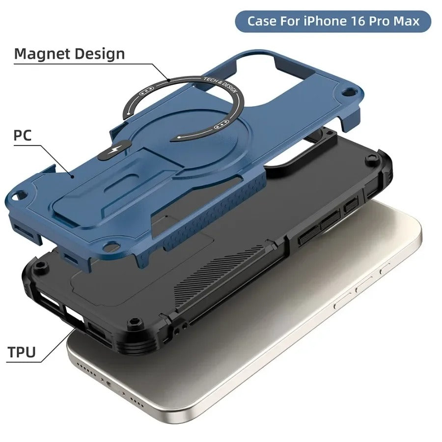 Rugged iPhone Case — Hybrid Shockproof Magnetic Cover with Kickstand, Adjustable Lanyard Strap and Dual-Layer Hard PC Protection