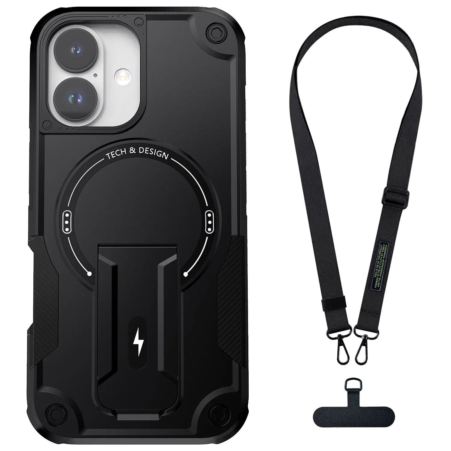 Rugged iPhone Case — Hybrid Shockproof Magnetic Cover with Kickstand, Adjustable Lanyard Strap and Dual-Layer Hard PC Protection