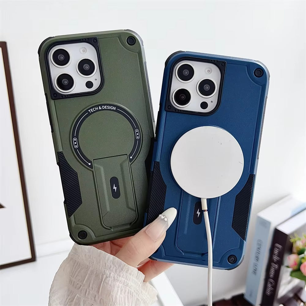 Rugged iPhone Case — Hybrid Shockproof Magnetic Cover with Kickstand, Adjustable Lanyard Strap and Dual-Layer Hard PC Protection