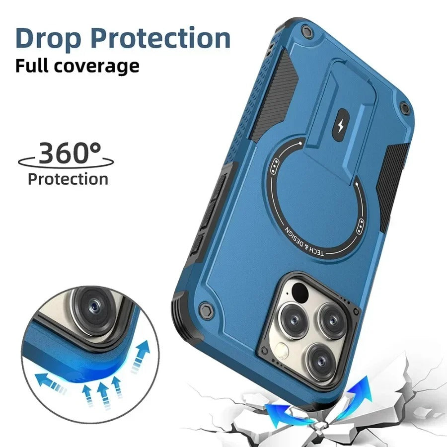 Rugged iPhone Case — Hybrid Shockproof Magnetic Cover with Kickstand, Adjustable Lanyard Strap and Dual-Layer Hard PC Protection