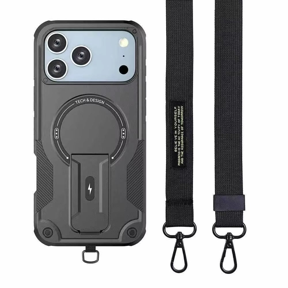 Rugged iPhone Case — Hybrid Shockproof Magnetic Cover with Kickstand, Adjustable Lanyard Strap and Dual-Layer Hard PC Protection