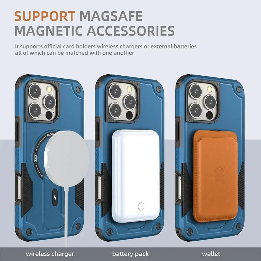 Rugged iPhone Case — Hybrid Shockproof Magnetic Cover with Kickstand, Adjustable Lanyard Strap and Dual-Layer Hard PC Protection