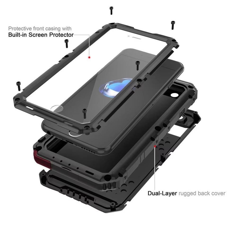 Rugged iPhone Case — IP68 Waterproof Aluminum Metal Armor Cover with Screen Protector, Heavy-Duty Shockproof Full-Body Protection and Underwater Photo Support