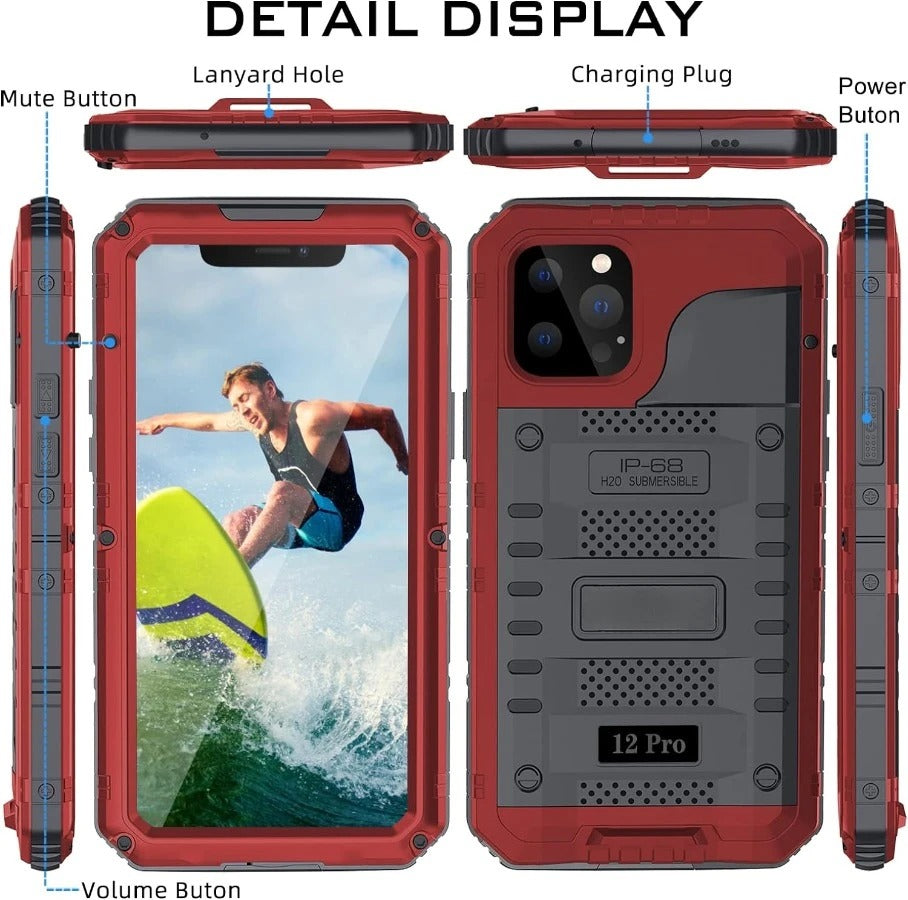 Rugged iPhone Case — IP68 Waterproof Metal Armor Cover with Full-Body Shockproof Protection, Screen Guard, Dustproof Heavy-Duty Design