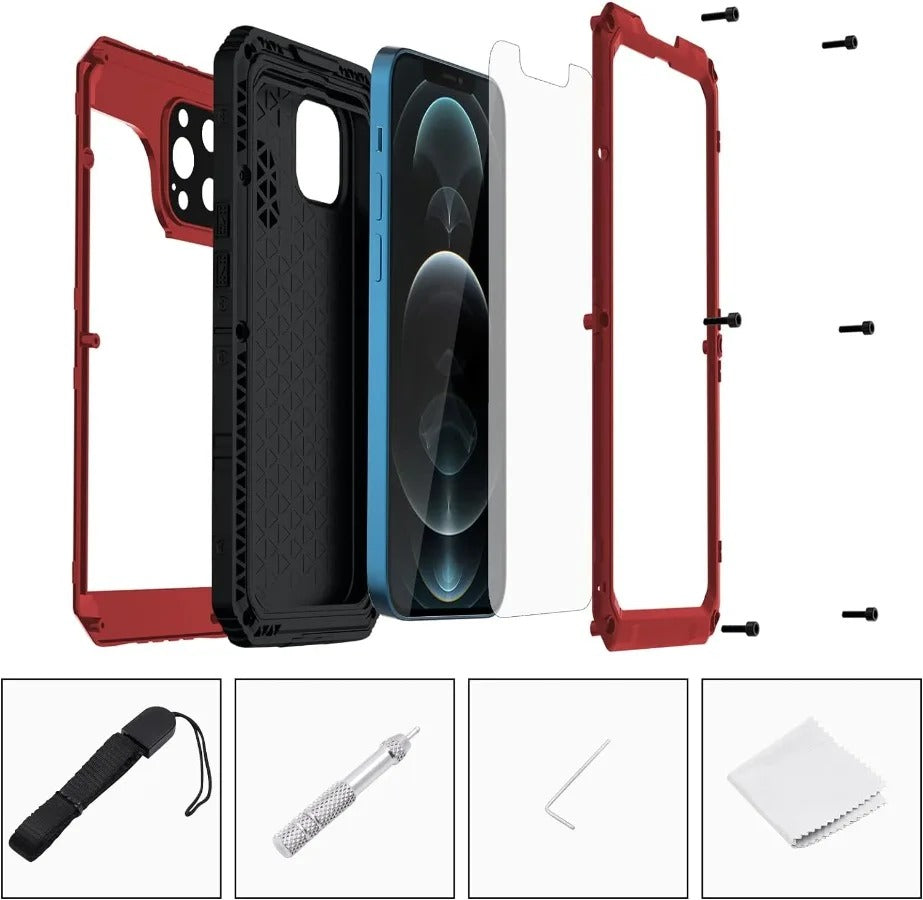 Rugged iPhone Case — IP68 Waterproof Metal Armor Cover with Full-Body Shockproof Protection, Screen Guard, Dustproof Heavy-Duty Design
