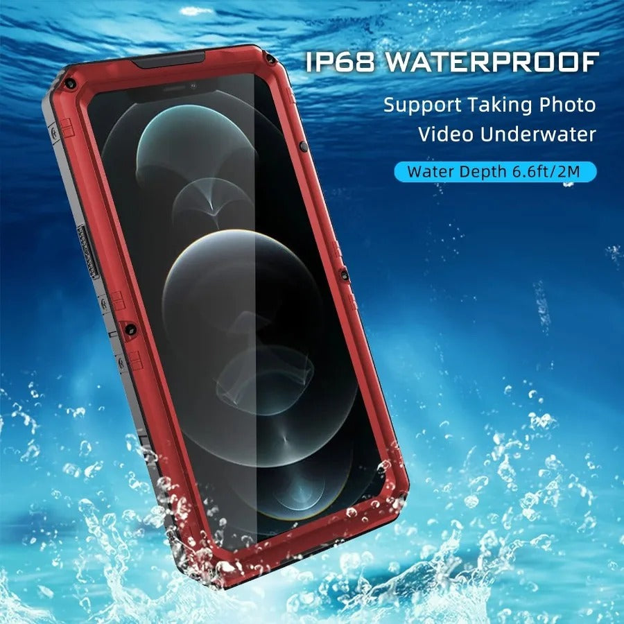 Rugged iPhone Case — IP68 Waterproof Metal Armor Cover with Full-Body Shockproof Protection, Screen Guard, Dustproof Heavy-Duty Design