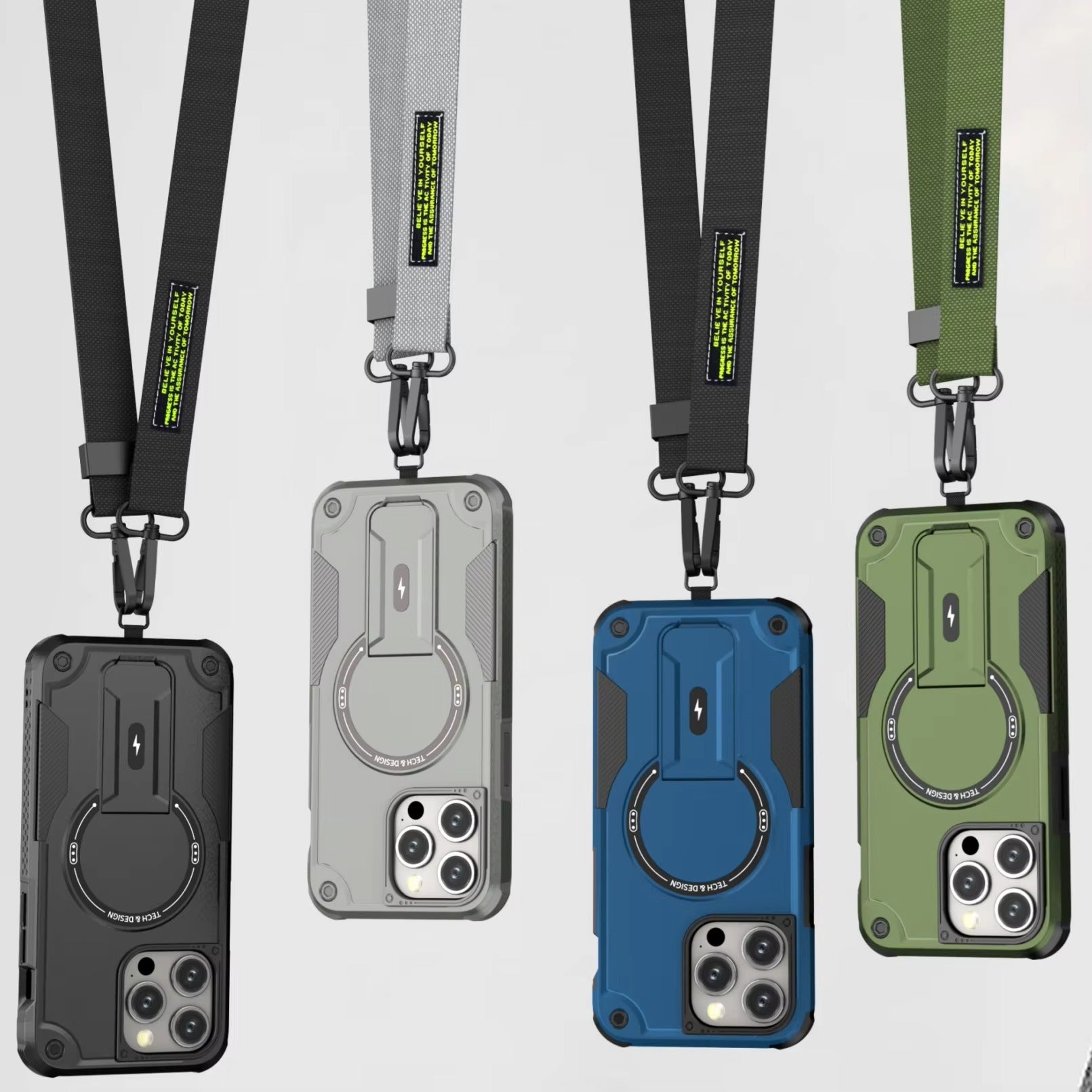 Rugged iPhone Case — MagSafe Shockproof PC+TPU Armor Cover with Magnetic Bracket Stand, Cross-Body Lanyard Support and Heavy Mechanical Design