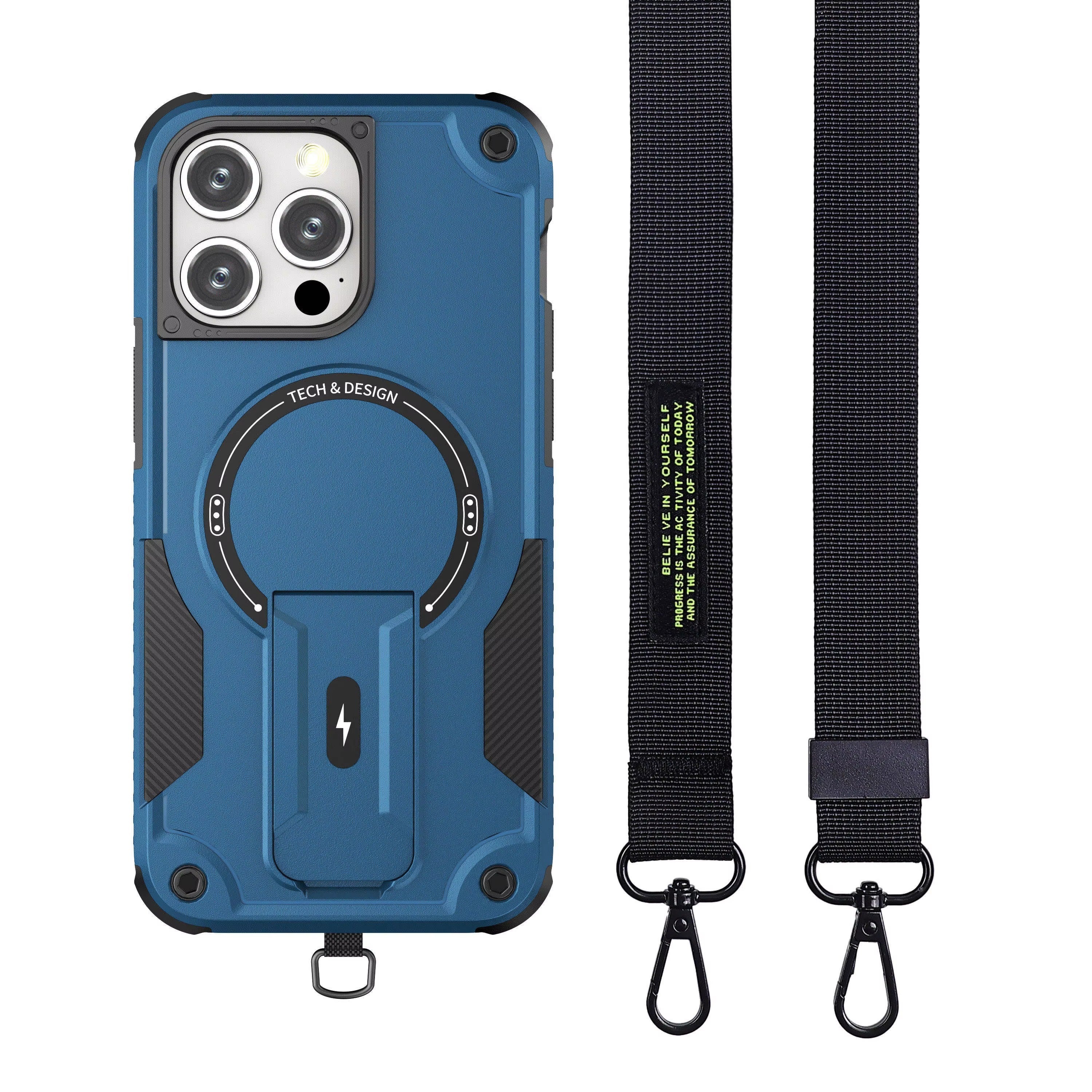 Rugged iPhone Case — MagSafe Shockproof PC+TPU Armor Cover with Magnetic Bracket Stand, Cross-Body Lanyard Support and Heavy Mechanical Design