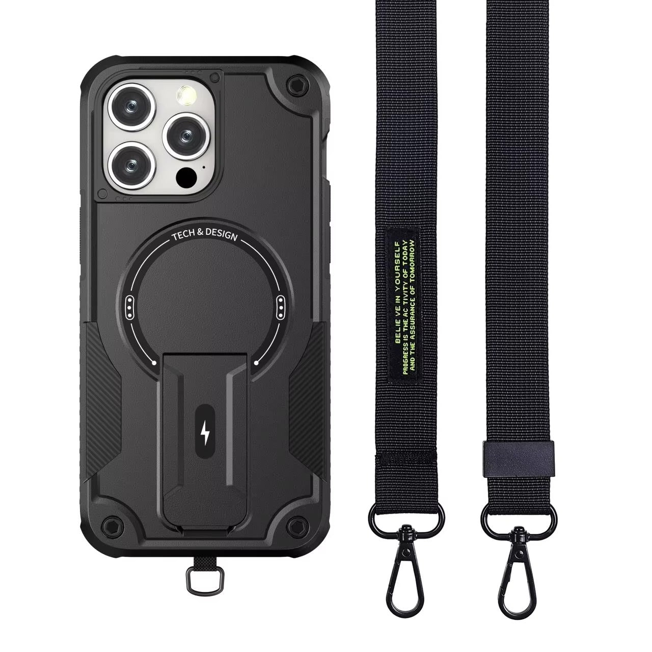 Rugged iPhone Case — MagSafe Shockproof PC+TPU Armor Cover with Magnetic Bracket Stand, Cross-Body Lanyard Support and Heavy Mechanical Design