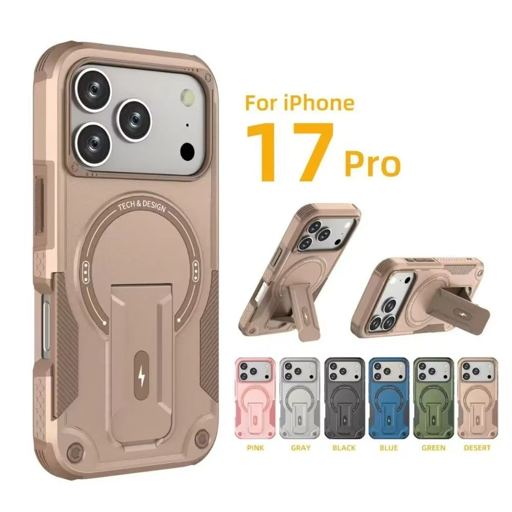 Rugged iPhone Case — MagSafe Shockproof PC+TPU Armor Cover with Magnetic Bracket Stand, Cross-Body Lanyard Support and Heavy Mechanical Design