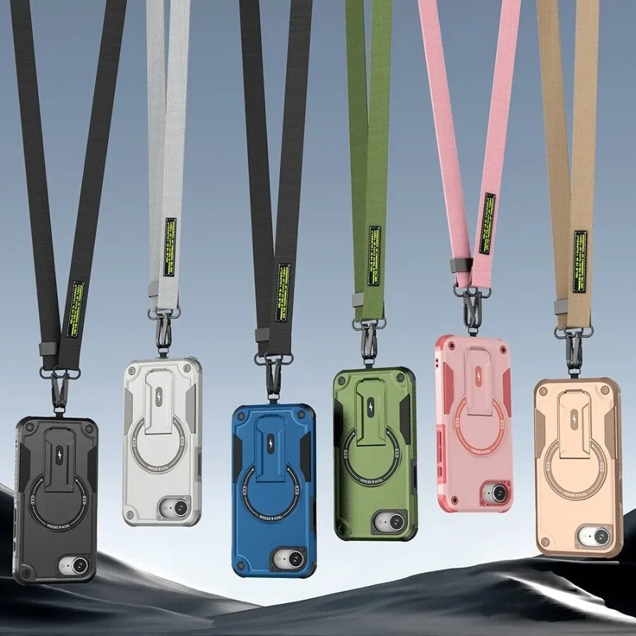 Rugged iPhone Case — MagSafe Shockproof PC+TPU Armor Cover with Magnetic Bracket Stand, Cross-Body Lanyard Support and Heavy Mechanical Design