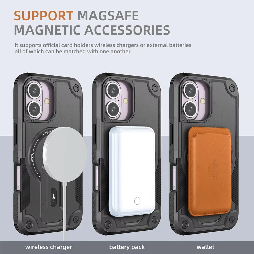 Rugged iPhone Case — MagSafe Shockproof PC+TPU Armor Cover with Magnetic Bracket Stand, Cross-Body Lanyard Support and Heavy Mechanical Design