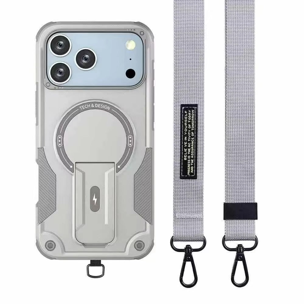 Rugged iPhone Case — MagSafe Shockproof PC+TPU Armor Cover with Magnetic Bracket Stand, Cross-Body Lanyard Support and Heavy Mechanical Design