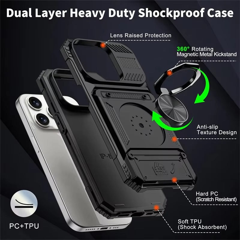 Rugged iPhone Case — Magnetic Wallet Cover with 360° Ring Kickstand, Dual-Layer Metal + TPU Protection, Hidden Card Slots and Heavy-Duty Drop-Resistant Design